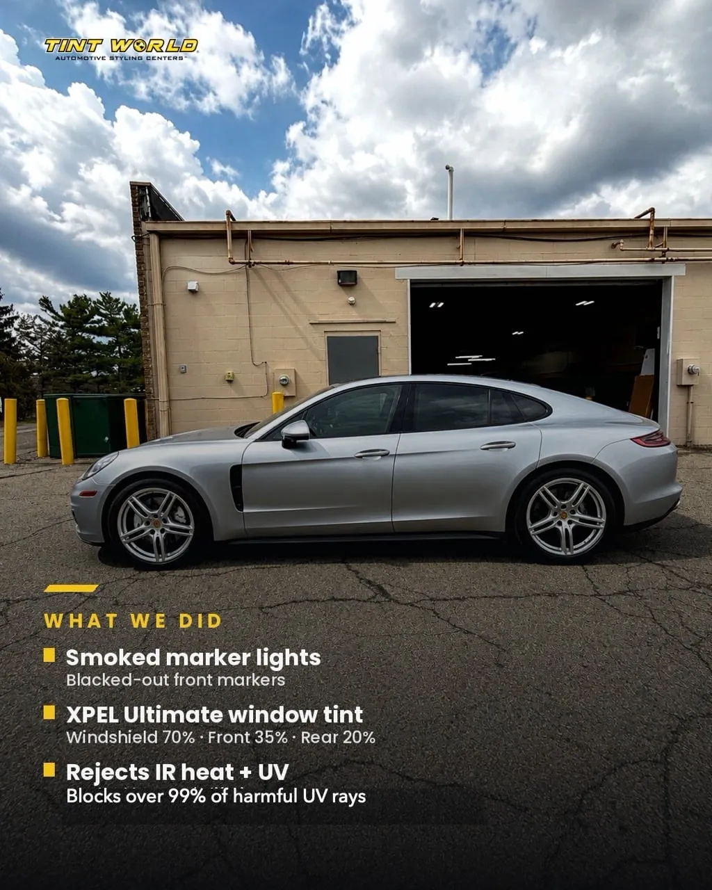 Carousel slide 2: what was done — smoked marker lights, XPEL Ultimate window tint (windshield 70%, front 35%, rear 20%), rejects IR heat and blocks over 99% of UV rays